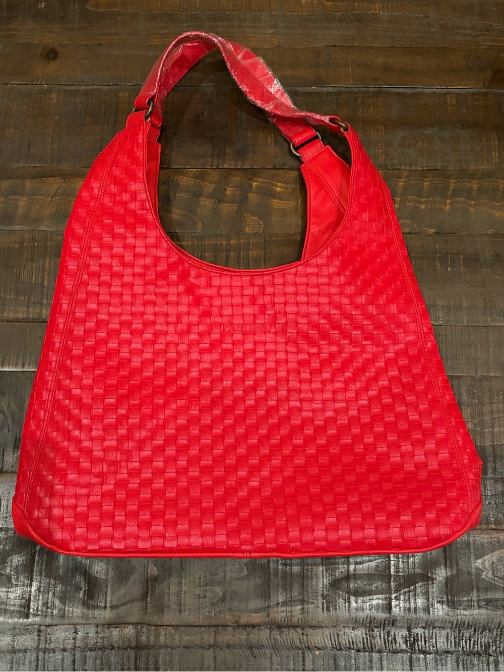Fascino Red Woven Faux Leather Hobo Shoulder Bag Tote Purse with Zipper Pockets